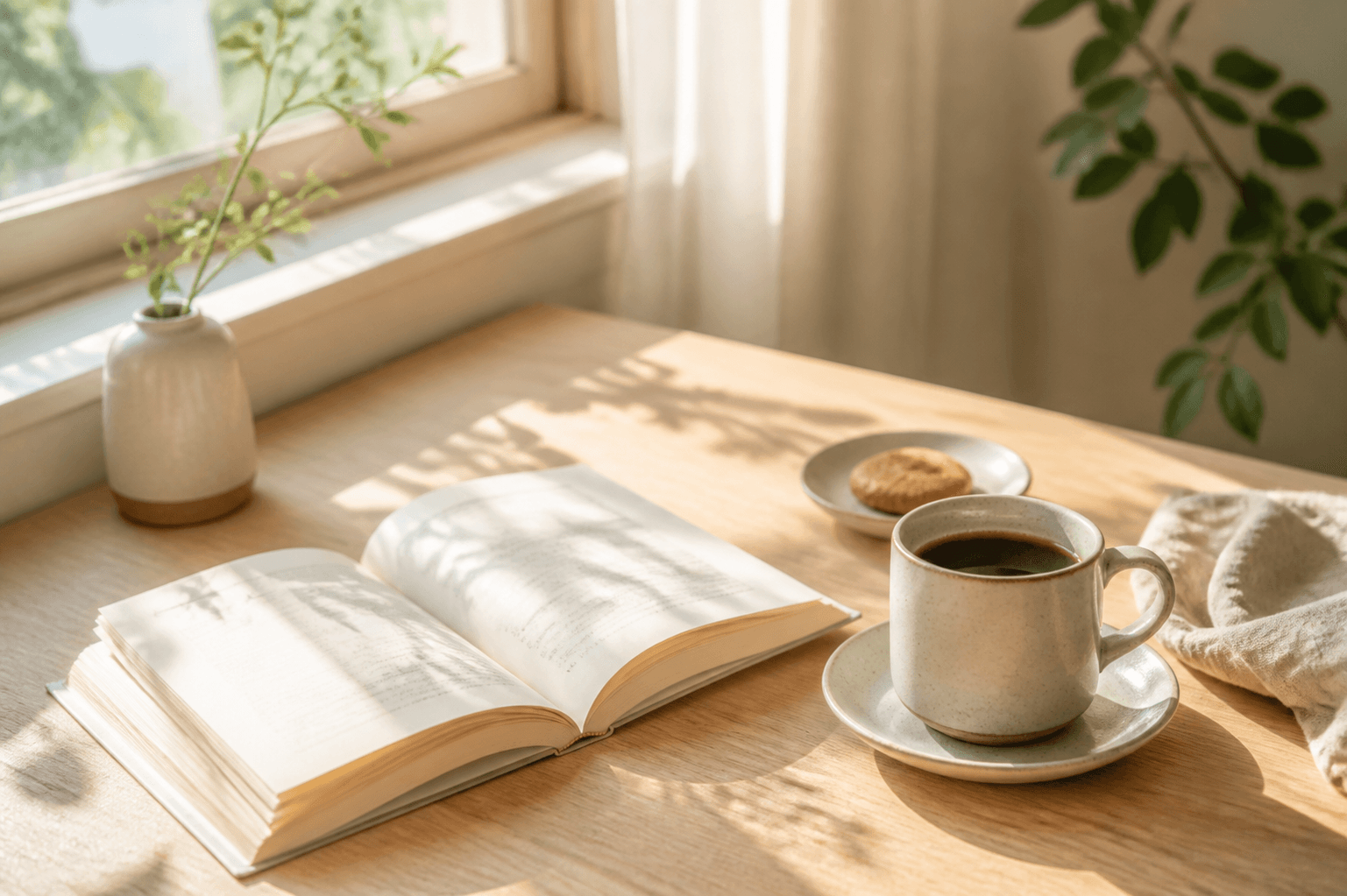 本とコーヒーを置いた静かな窓際の一人席